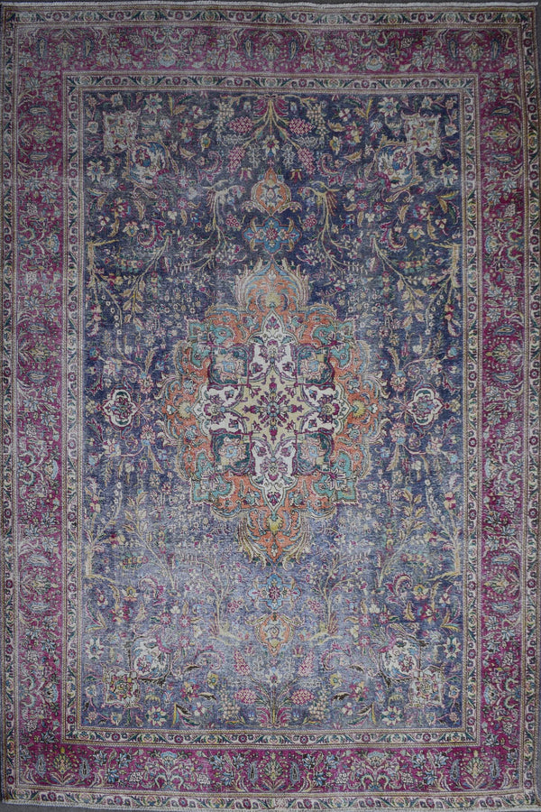 Distressed hand knotted vintage Persian rug 295x366 cm with dark navy field and ornate floral medallion