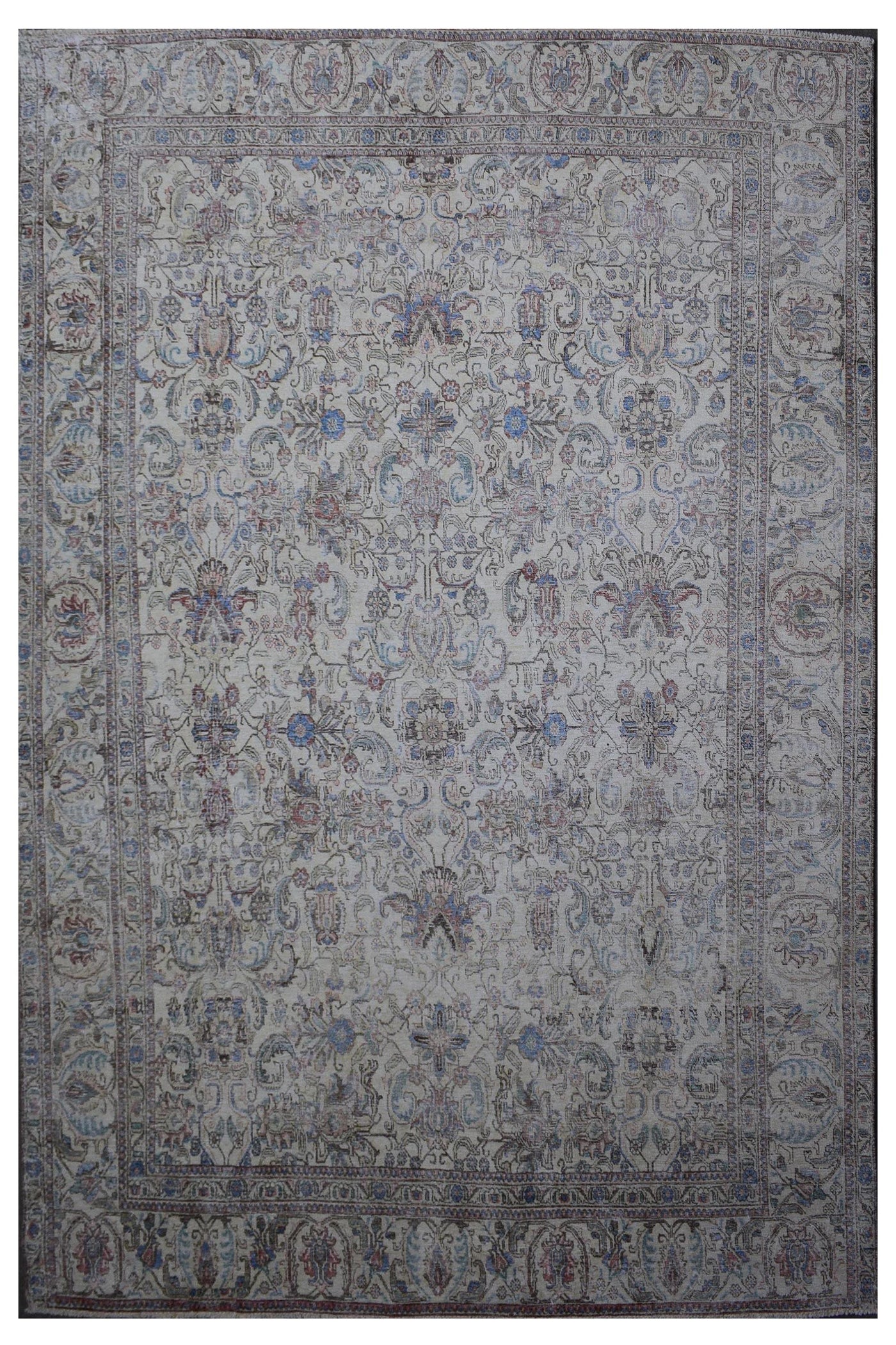Distressed hand knotted vintage Persian rug 285x348 cm with faded ivory field and subtle floral medallion