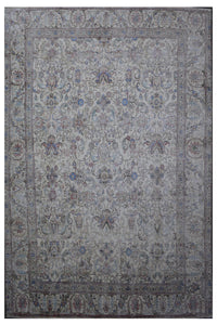 Distressed hand knotted vintage Persian rug 285x348 cm with faded ivory field and subtle floral medallion