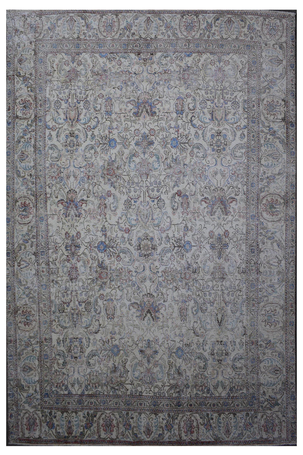 Distressed hand knotted vintage Persian rug 285x348 cm with faded ivory field and subtle floral medallion