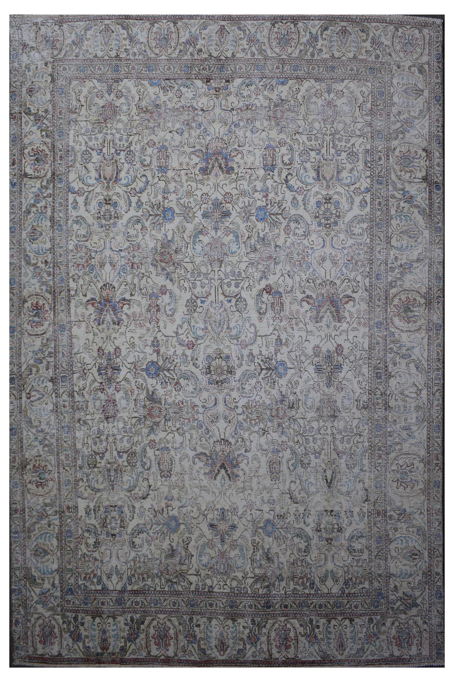 Distressed hand knotted vintage Persian rug 285x348 cm with faded ivory field and subtle floral medallion