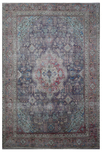 Distressed hand knotted vintage Persian rug 285x381 cm with faded navy field and ornate central medallion