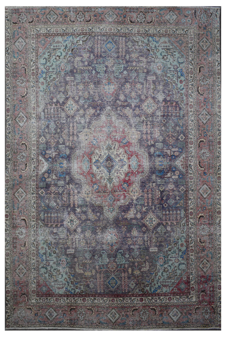 Distressed hand knotted vintage Persian rug 285x381 cm with faded navy field and ornate central medallion