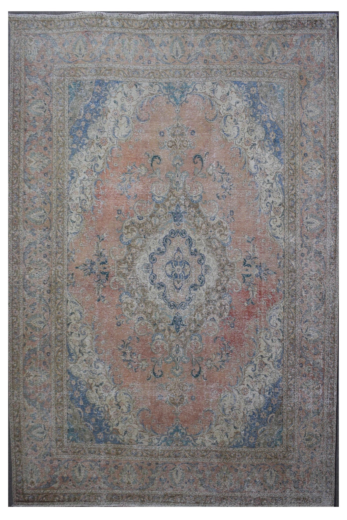 Distressed hand knotted vintage Persian rug 303x363 cm with faded coral field and blue central medallion
