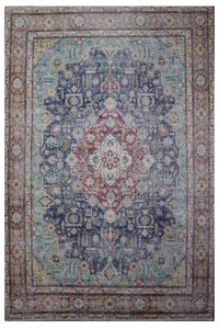 Distressed hand knotted vintage Persian rug 288x380 cm with faded navy field and red central medallion