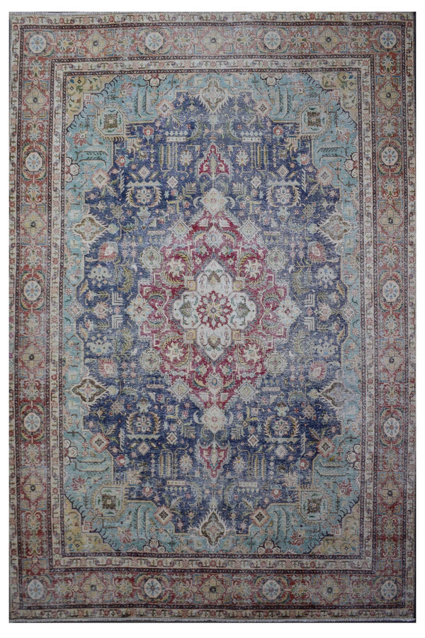 Distressed hand knotted vintage Persian rug 288x380 cm with faded navy field and red central medallion