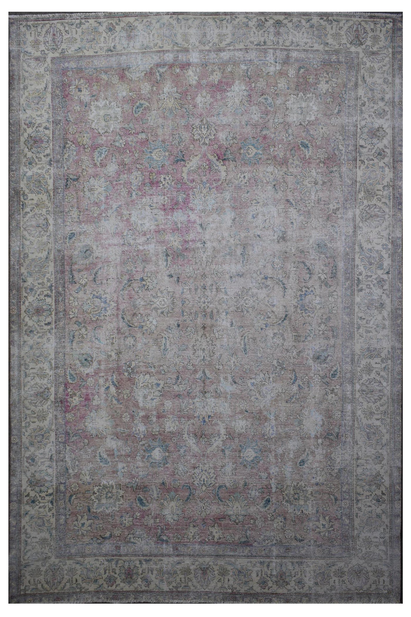 Distressed hand knotted vintage Persian rug 292x378 cm with faded ivory field and subtle floral pattern