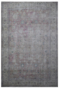 Distressed hand knotted vintage Persian rug 292x378 cm with faded ivory field and subtle floral pattern
