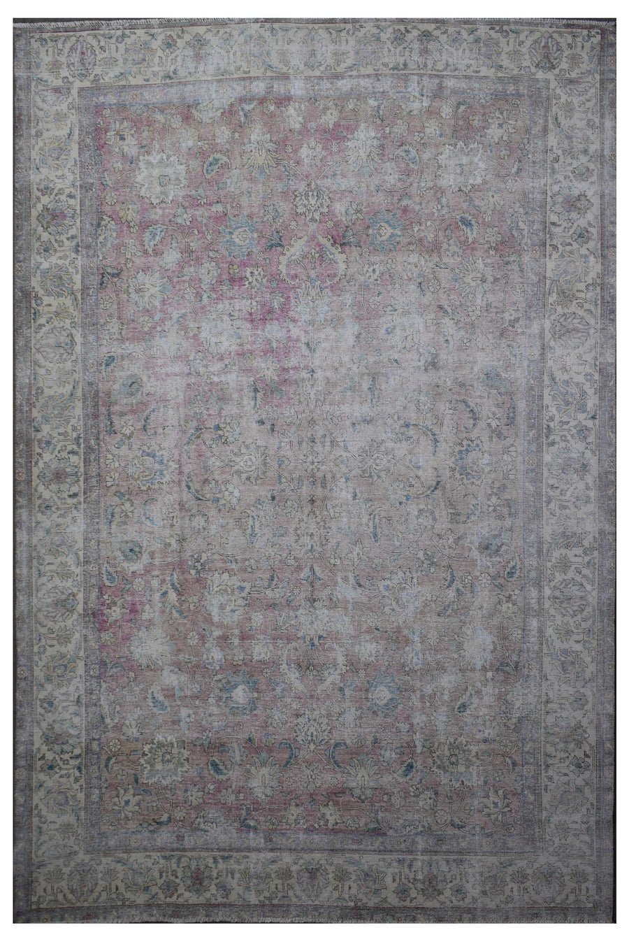Distressed hand knotted vintage Persian rug 292x378 cm with faded ivory field and subtle floral pattern