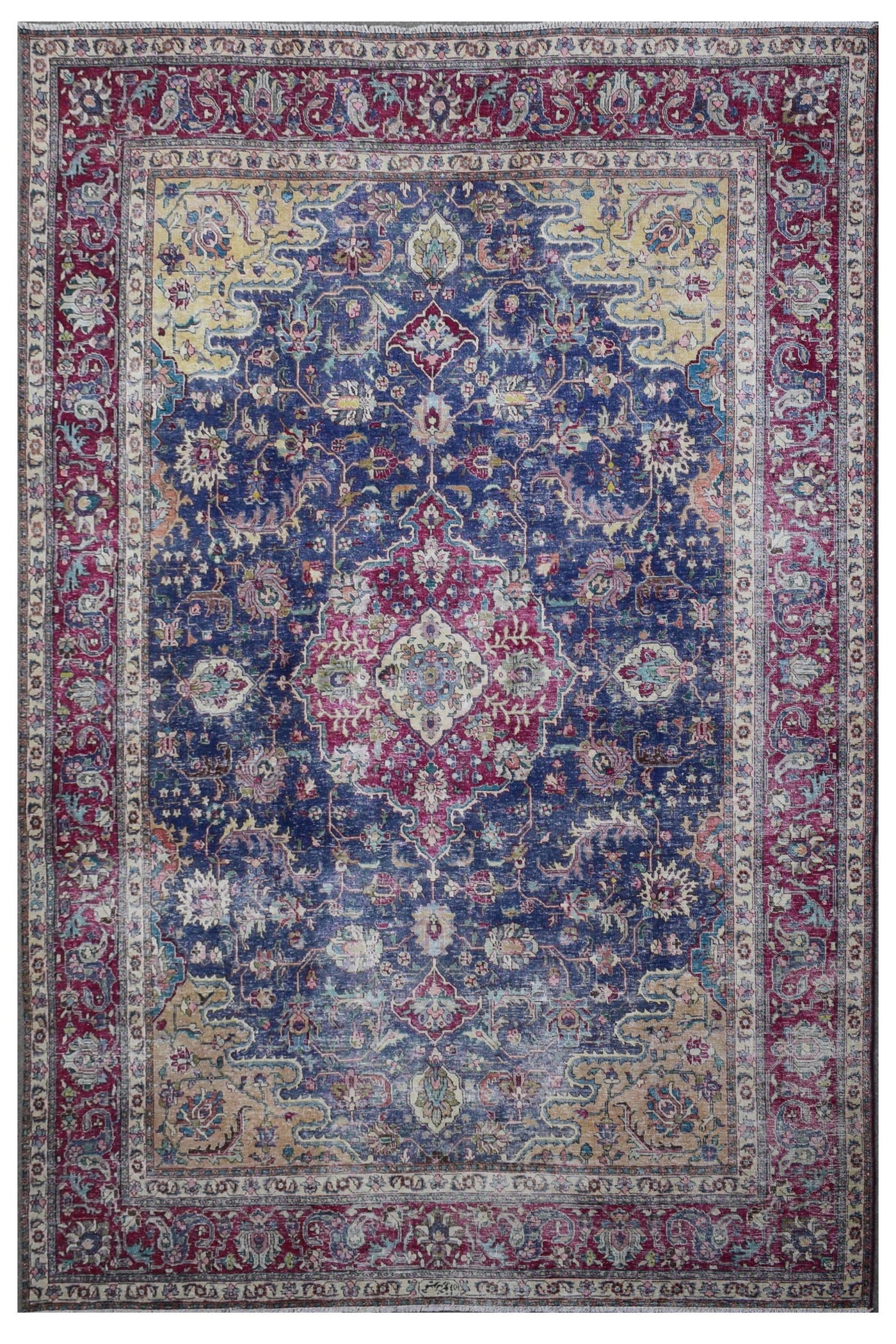 Distressed hand knotted vintage Persian rug 245x336 cm with deep navy field and red central medallion