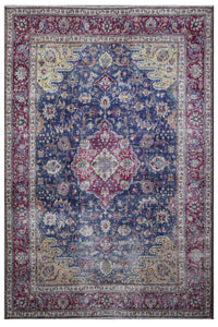 Distressed hand knotted vintage Persian rug 245x336 cm with deep navy field and red central medallion