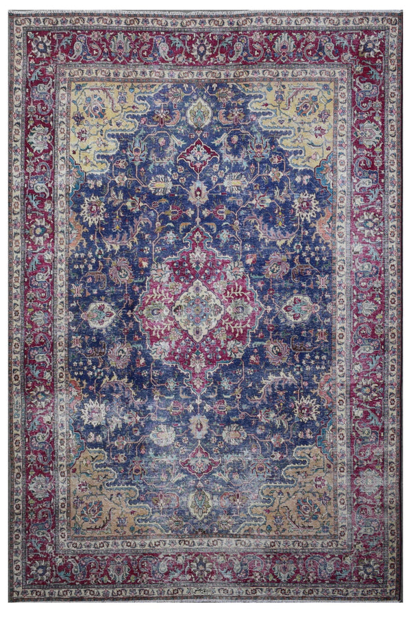 Distressed hand knotted vintage Persian rug 245x336 cm with deep navy field and red central medallion