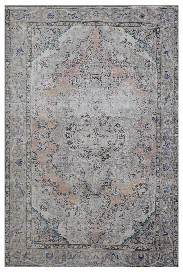 Distressed hand knotted vintage Persian rug 183x275 cm with faded ivory field and delicate central medallion