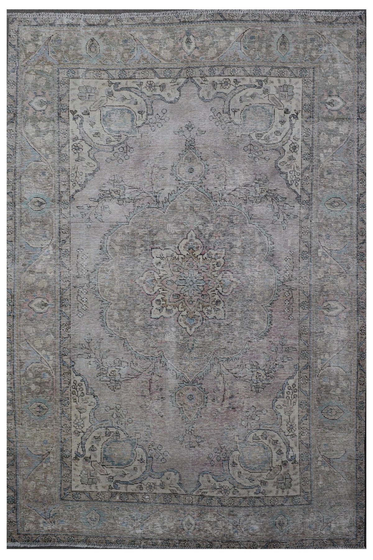 Distressed hand knotted vintage Persian rug 198x285 cm with faded ivory field and subtle central medallion