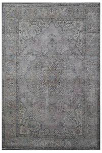 Distressed hand knotted vintage Persian rug 198x285 cm with faded ivory field and subtle central medallion
