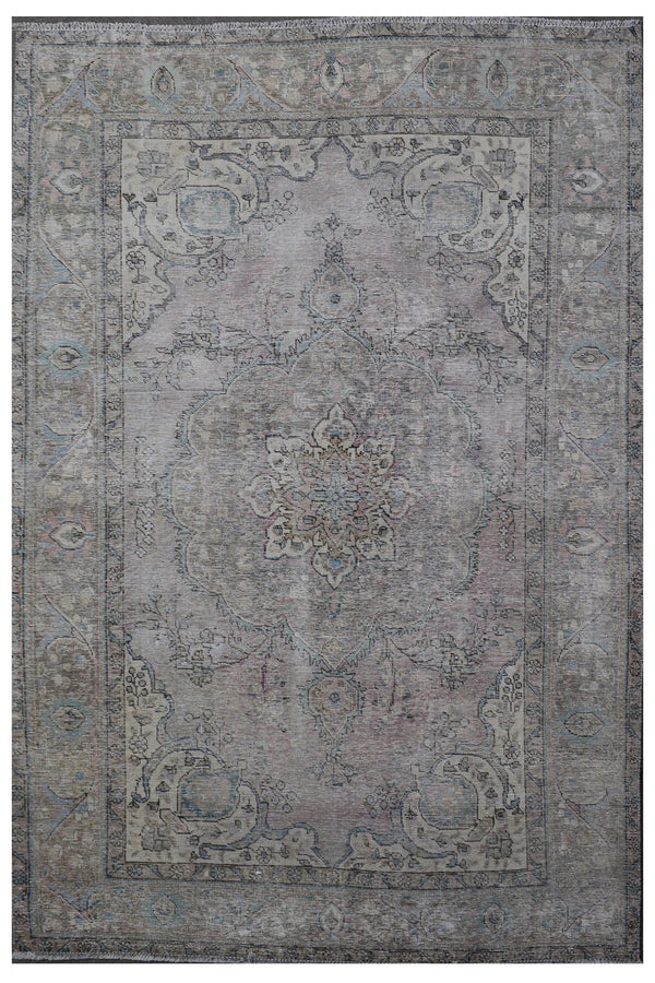 Distressed hand knotted vintage Persian rug 198x285 cm with faded ivory field and subtle central medallion