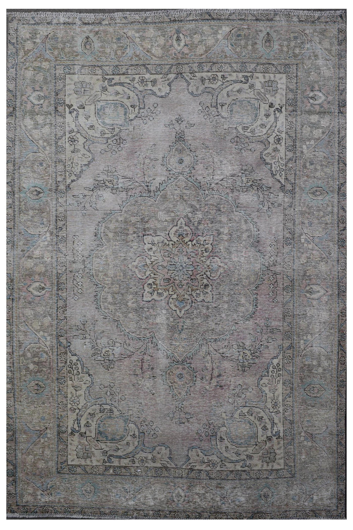 Distressed hand knotted vintage Persian rug 198x285 cm with faded ivory field and subtle central medallion