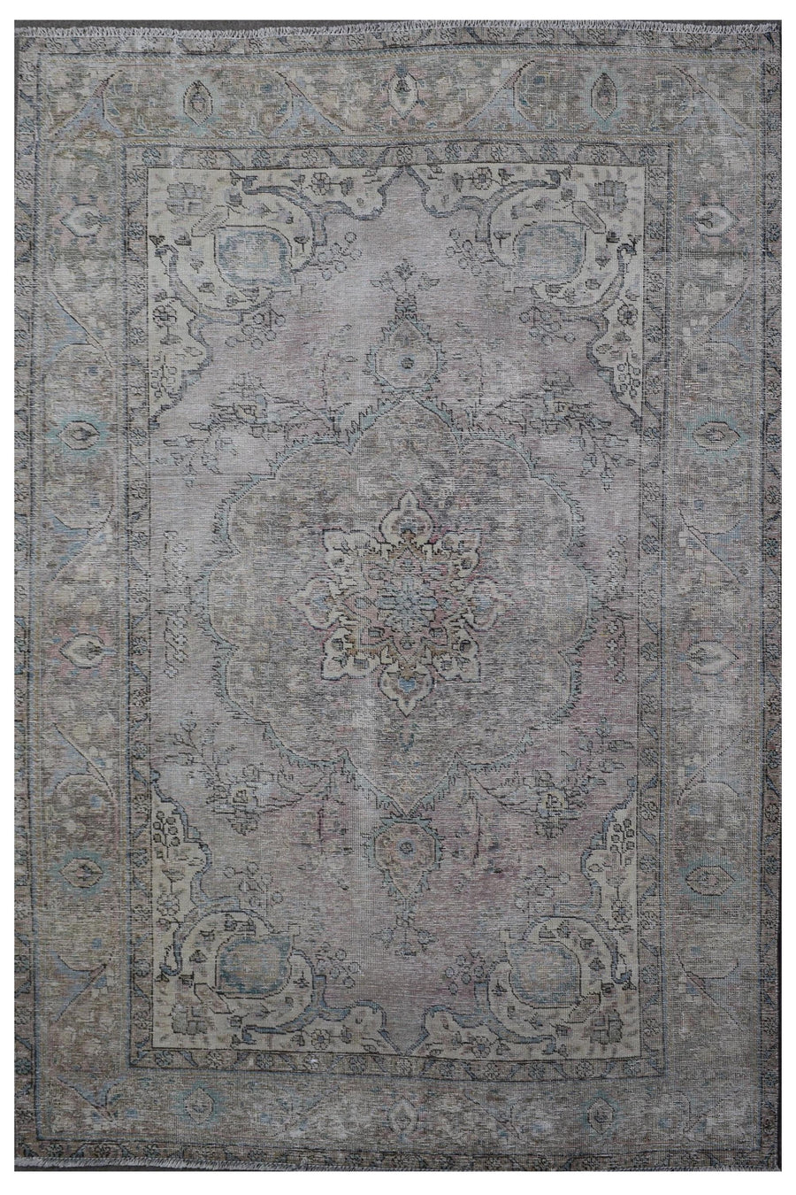 Distressed hand knotted vintage Persian rug 198x285 cm with faded ivory field and subtle central medallion