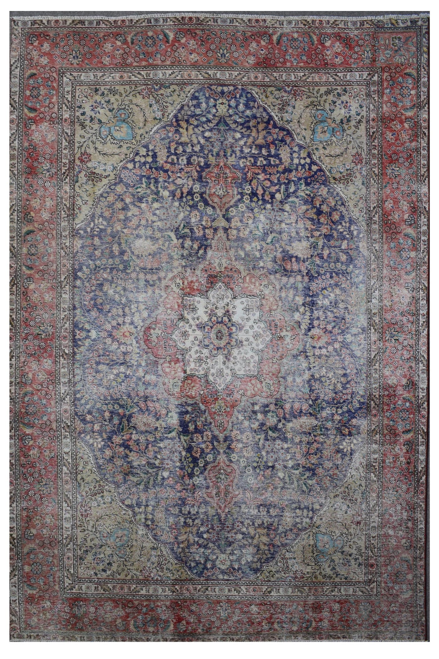Distressed hand knotted vintage Persian rug 237x355 cm with navy field and ornate central medallion