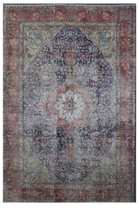 Distressed hand knotted vintage Persian rug 237x355 cm with navy field and ornate central medallion