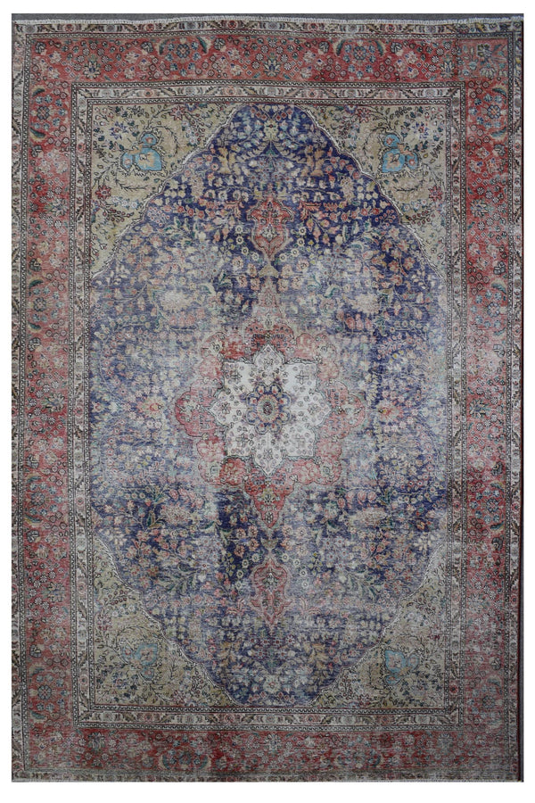 Distressed hand knotted vintage Persian rug 237x355 cm with navy field and ornate central medallion