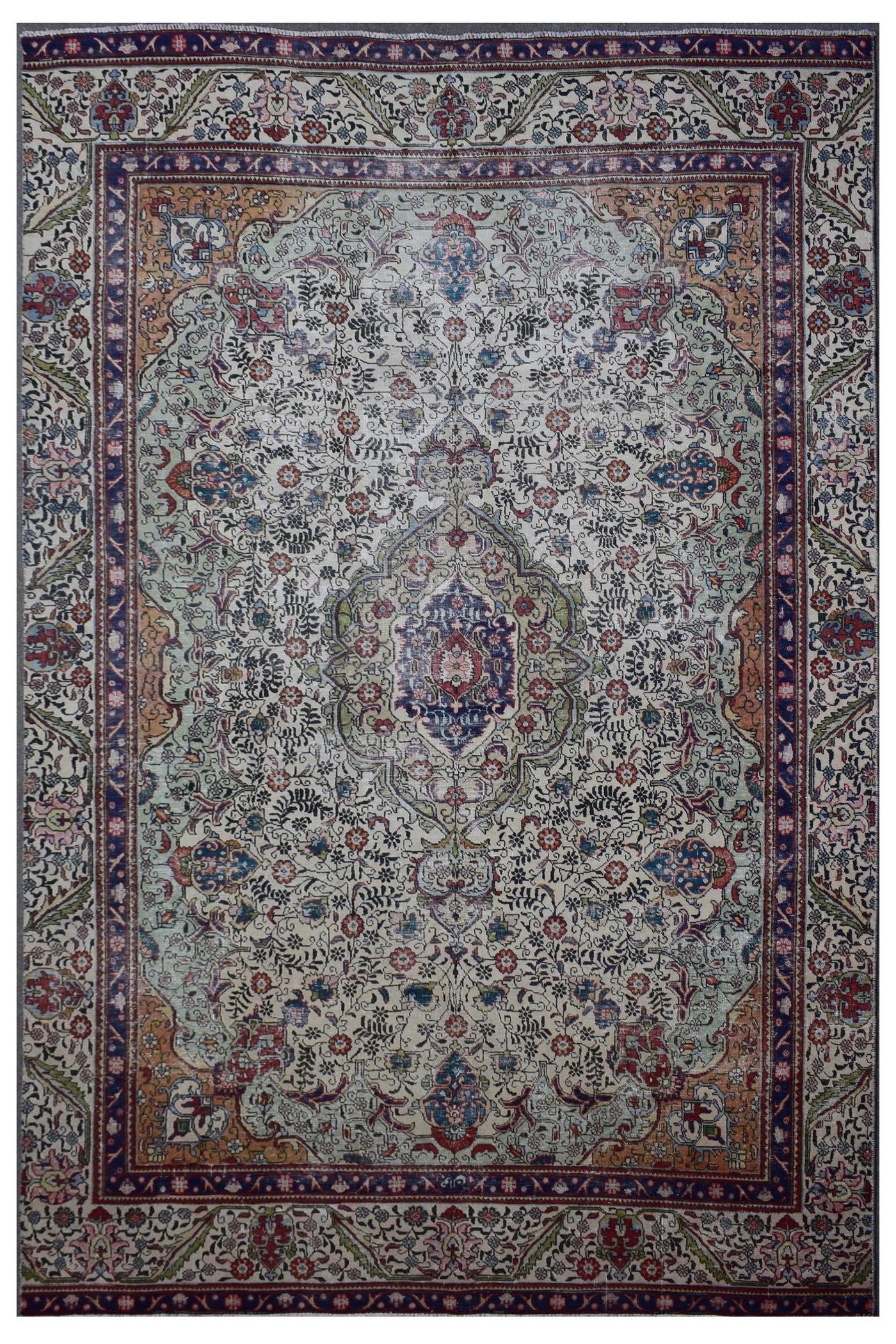 Distressed hand knotted vintage Persian rug 242x380 cm with ivory field and intricate central medallion