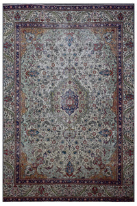 Distressed hand knotted vintage Persian rug 242x380 cm with ivory field and intricate central medallion