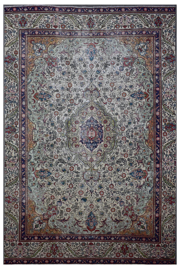 Distressed hand knotted vintage Persian rug 242x380 cm with ivory field and intricate central medallion