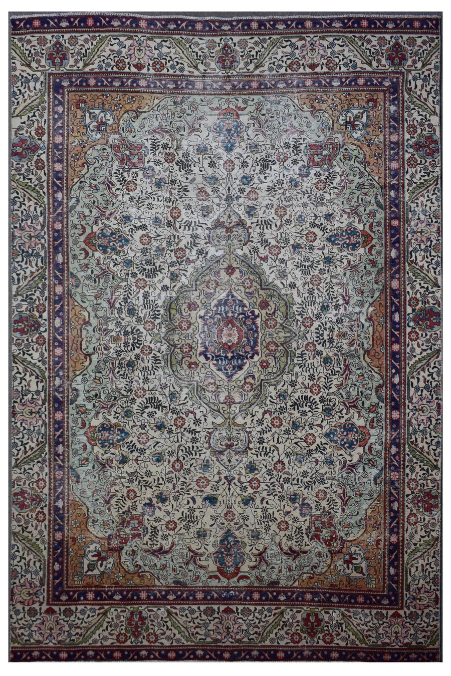 Distressed hand knotted vintage Persian rug 242x380 cm with ivory field and intricate central medallion