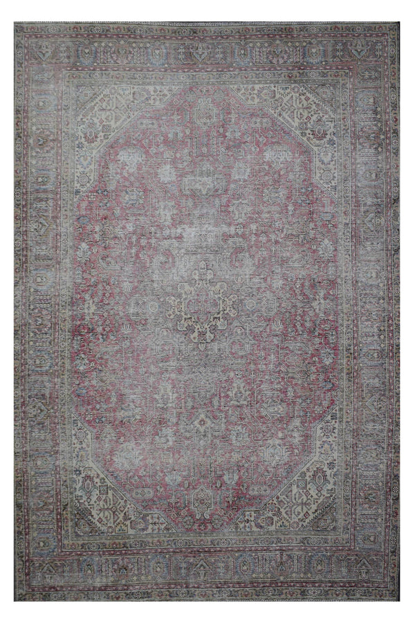 Distressed hand knotted vintage Persian rug 235x324 cm with faded rose field and subtle central medallion