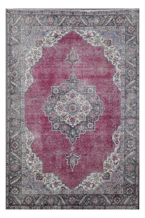 Distressed hand knotted vintage Persian rug 192x290 cm with faded red field and ornate central medallion
