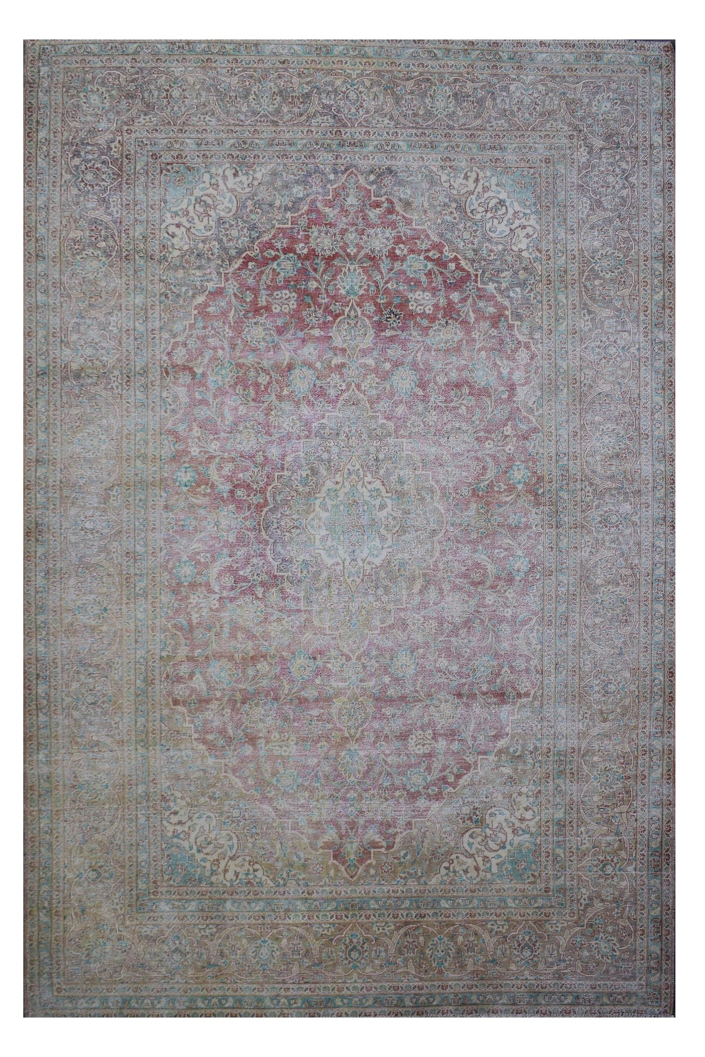Distressed hand knotted vintage Persian rug 251x348 cm with faded ivory field and subtle central medallion