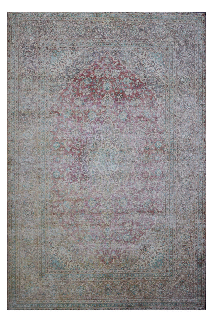 Distressed hand knotted vintage Persian rug 251x348 cm with faded ivory field and subtle central medallion