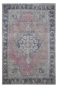 Distressed hand knotted vintage Persian rug 197x292 cm with faded rose field and ornate central medallion