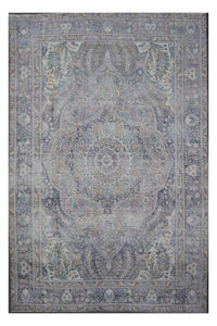 Distressed hand knotted vintage Persian rug 236x330 cm with faded ivory field and ornate central medallion