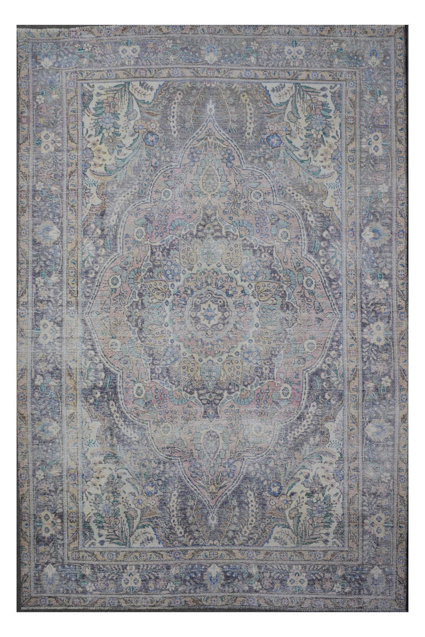 Distressed hand knotted vintage Persian rug 236x330 cm with faded ivory field and ornate central medallion