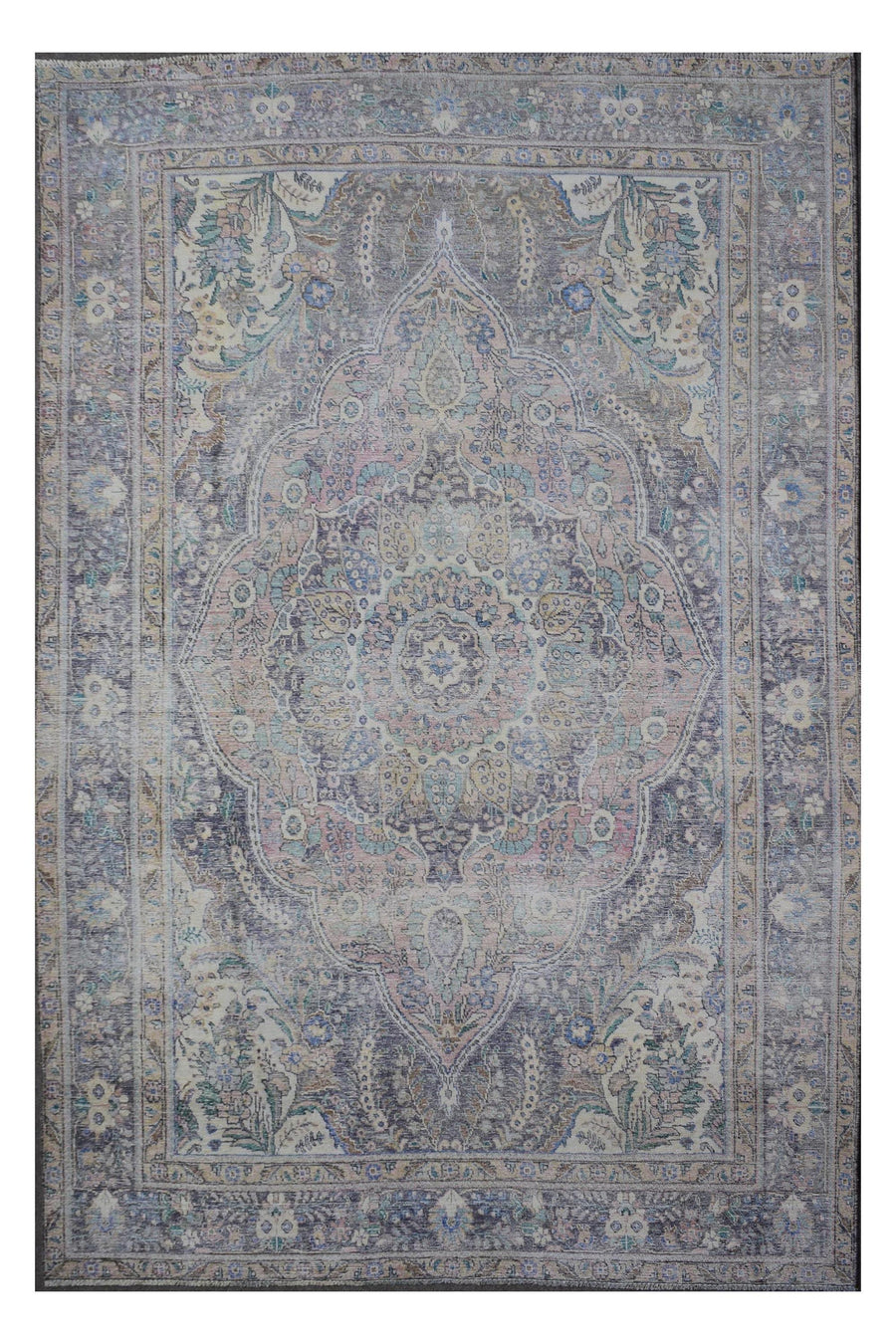 Distressed hand knotted vintage Persian rug 236x330 cm with faded ivory field and ornate central medallion