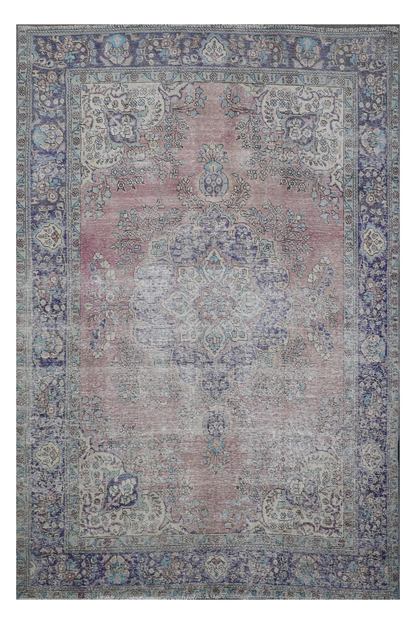 Distressed hand knotted vintage Persian rug 203x280 cm with faded pink and blue medallion design