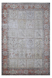 Distressed hand knotted vintage Persian rug 200x305 cm with patchwork panel design and red border