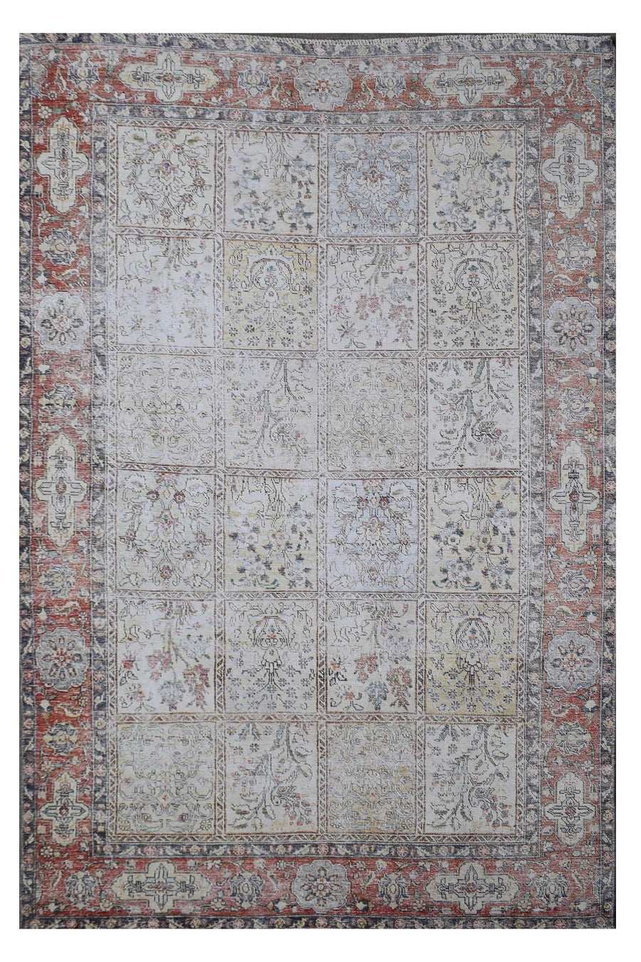 Distressed hand knotted vintage Persian rug 200x305 cm with patchwork panel design and red border