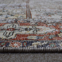 Close up of Persian rug border with red and blue floral pattern and guard stripes