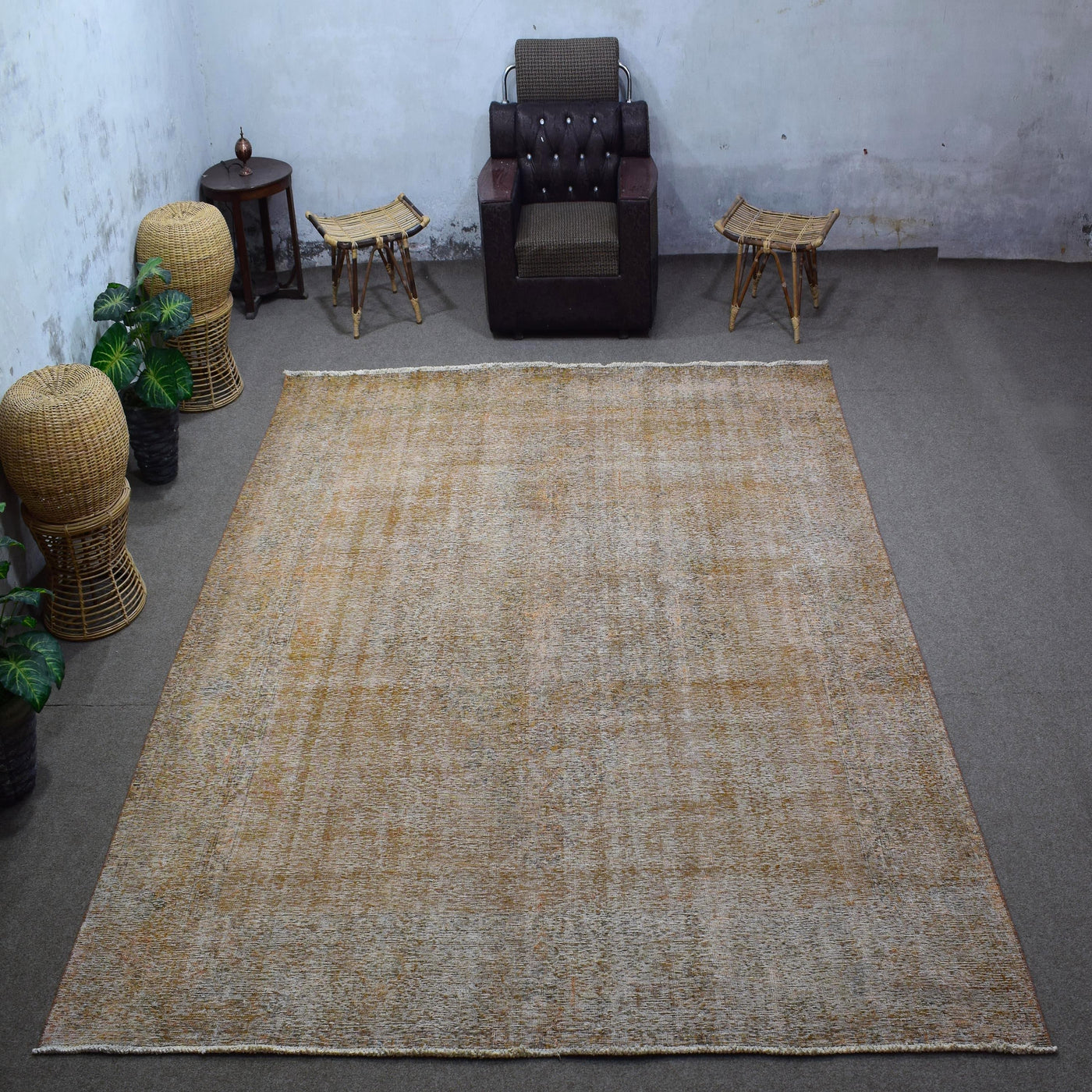 Large overdyed vintage Persian rug 287x370 cm full view showing subtle faded pattern beneath neutral wash
