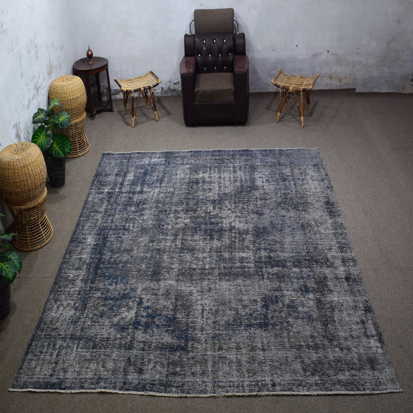 Large overdyed vintage Persian rug 288x322 cm full view showing faded traditional pattern beneath grey wash
