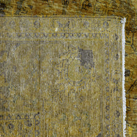 Detailed pile texture of mustard gold overdyed Persian rug showing authentic wool foundation
