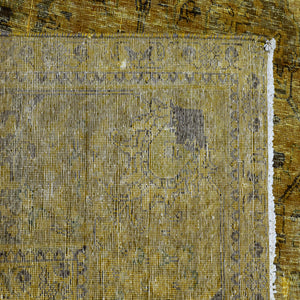 Detailed pile texture of mustard gold overdyed Persian rug showing authentic wool foundation
