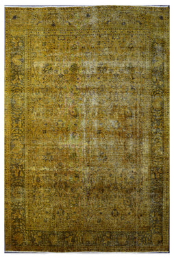 Overdyed hand knotted vintage Persian rug 288x383 cm in rich mustard gold finish
